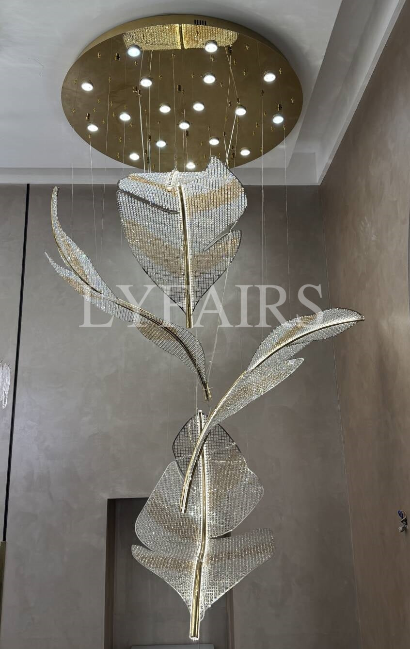 Modern Floating Crystal Leaves Chandelier for High Ceilings
