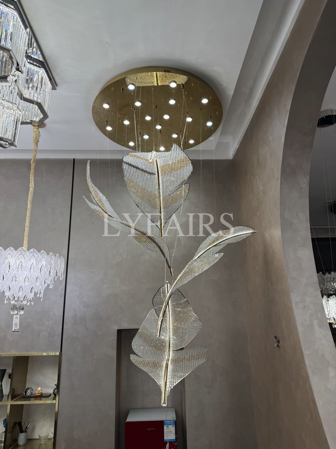 Modern Floating Crystal Leaves Chandelier for High Ceilings