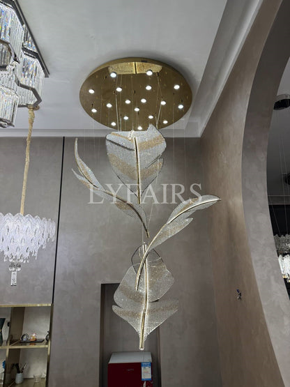 Modern Floating Crystal Leaves Chandelier for High Ceilings