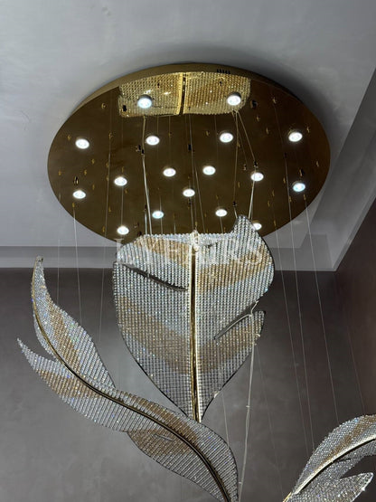 Modern Floating Crystal Leaves Chandelier for High Ceilings