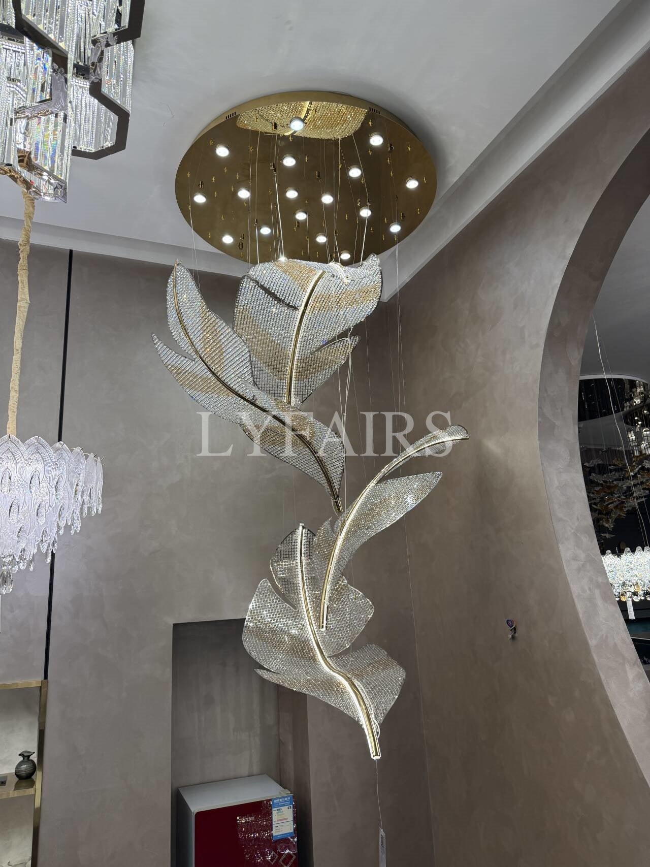 Modern Floating Crystal Leaves Chandelier for High Ceilings