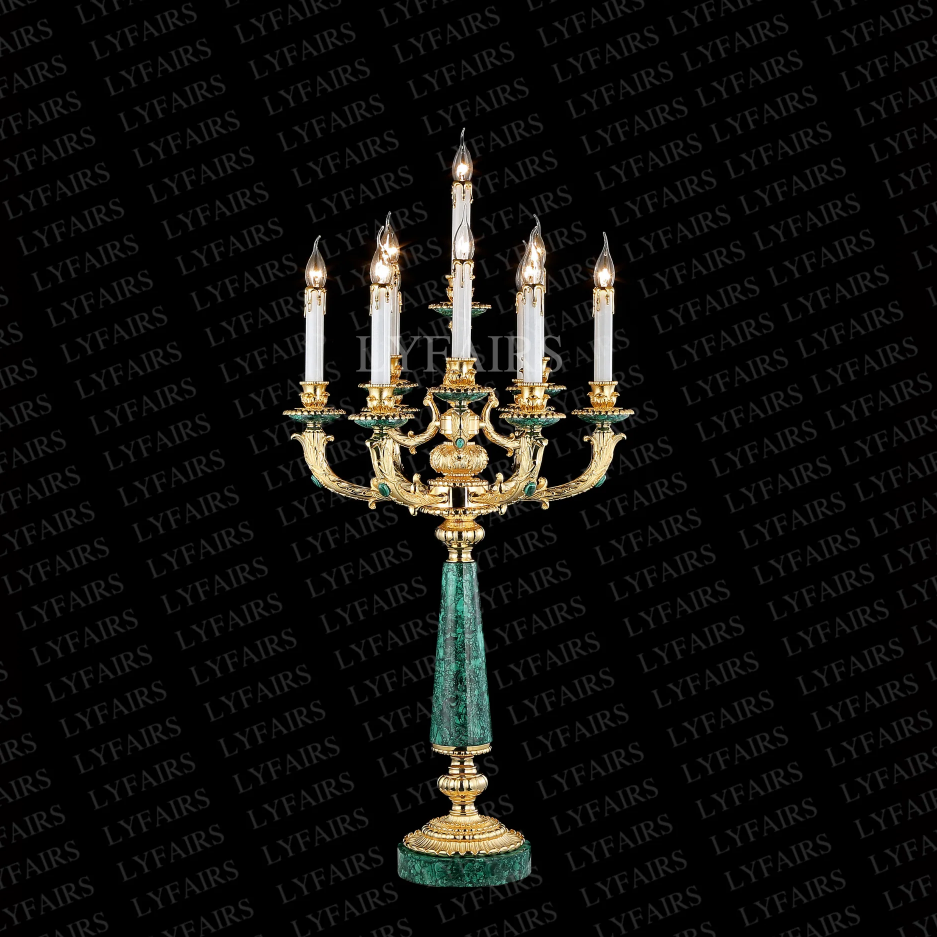 Luxury Vintage Top De-Waxed Crafted 10-Candle Malachite Table Lamp