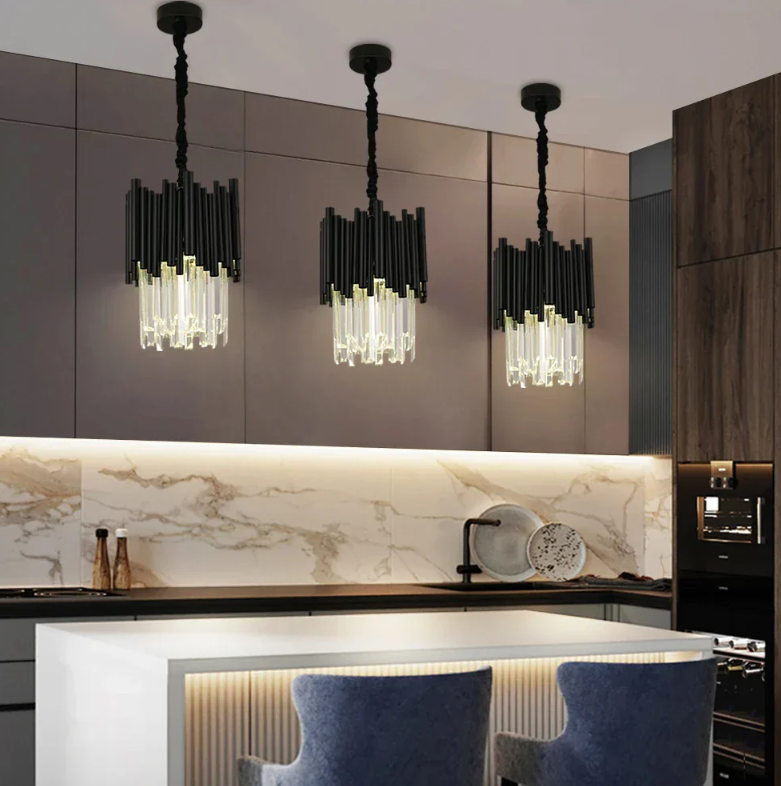 Modern Black Tube Crystal Pendant for Kitchen Island