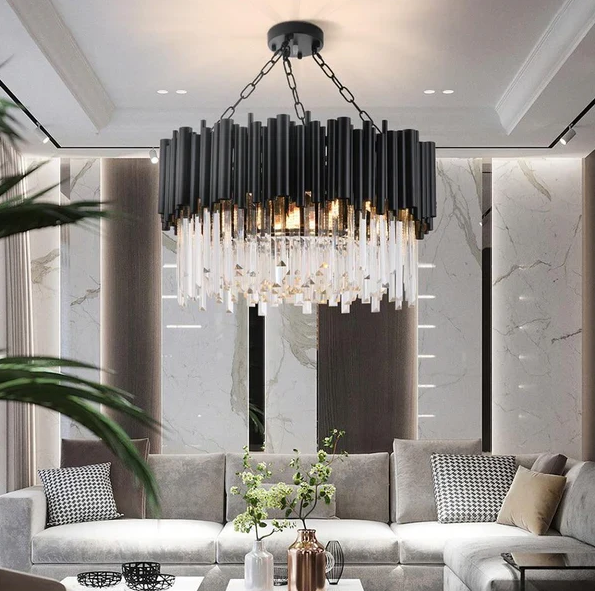 Modern Round Black Tube Crystal Chandelier for Low Ceiling