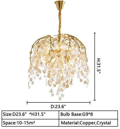 Modern Luxury Leaf Branch Crystal Chandelier Art Copper for Living/Dining Room/Bedroom