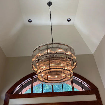 Modern 2-Tier Round Handmade Fluted Glass Panels Chandelier