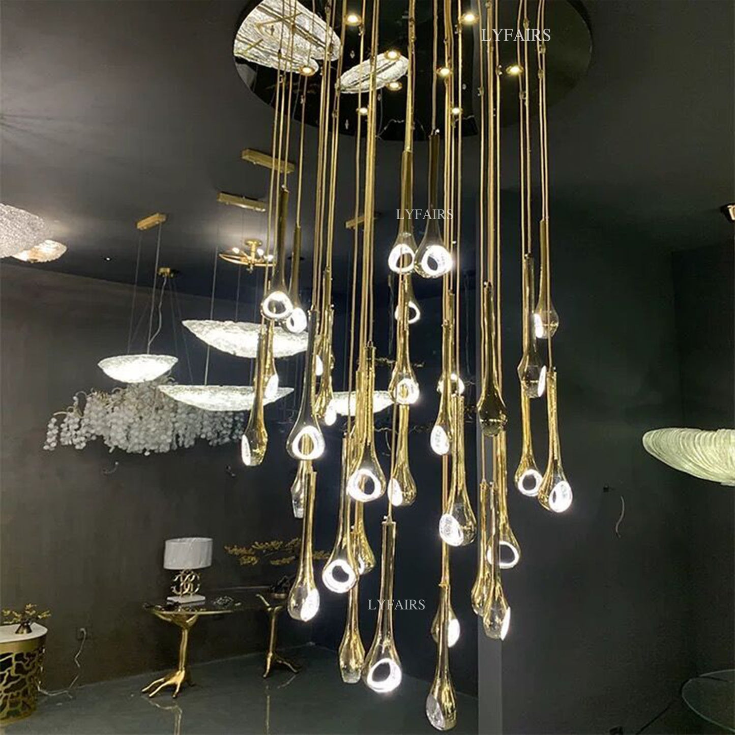 Modern Floating Long Gold Pendant Ceiling Chandelier for Living Room/Stairs/Foyer
