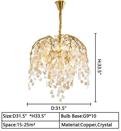 Modern Luxury Leaf Branch Crystal Chandelier Art Copper for Living/Dining Room/Bedroom
