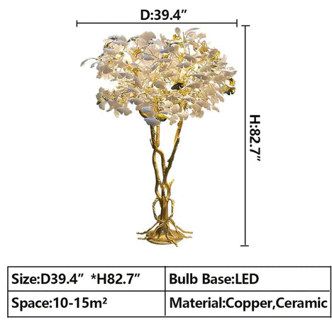 Luxury Creative White Ceramic Ginkgo Biloba Copper Branch Art Design Tree Floor Lamps for Living Room/Bedroom/Dressing Room