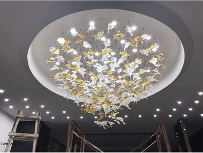 Oversized Art Design Autumn Maple Leaf Glass Chandelier for Dining Table/Hallway/Entryway Light Fixture
