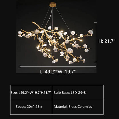 Post-Modern Art Brass and Ceramics Flower Pendant Branch Chandelier for Living/Dining Room