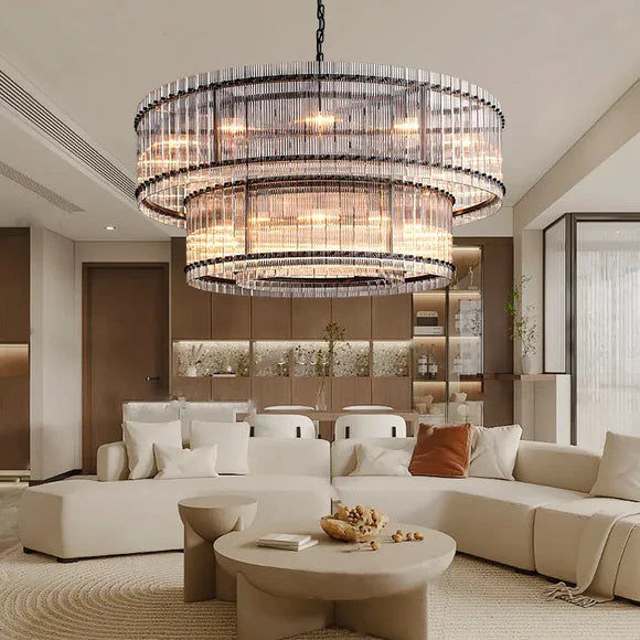 Modern 2-Tier Round Handmade Fluted Glass Panels Chandelier