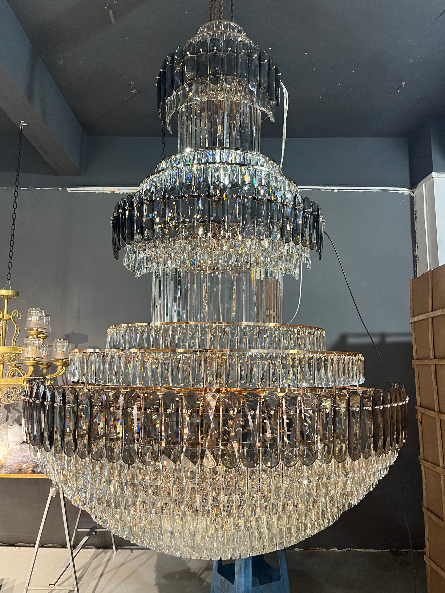 Golden Era Grand Cascade Fountain Smoky Gray&Clear Crystal Chandelier for High-ceiling
