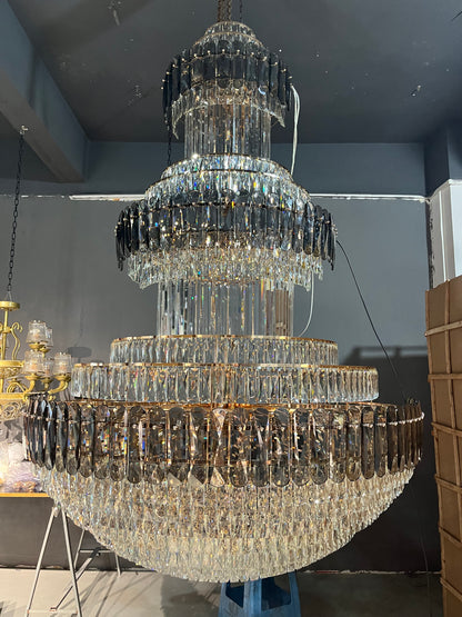 Golden Era Grand Cascade Fountain Smoky Gray&Clear Crystal Chandelier for High-ceiling