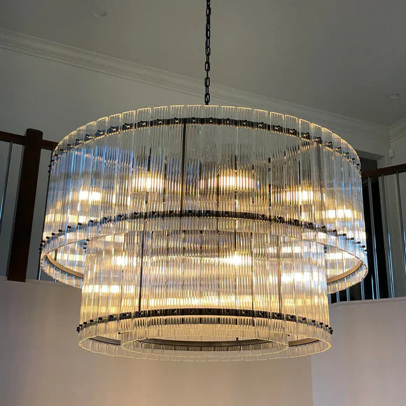 Modern 2-Tier Round Handmade Fluted Glass Panels Chandelier