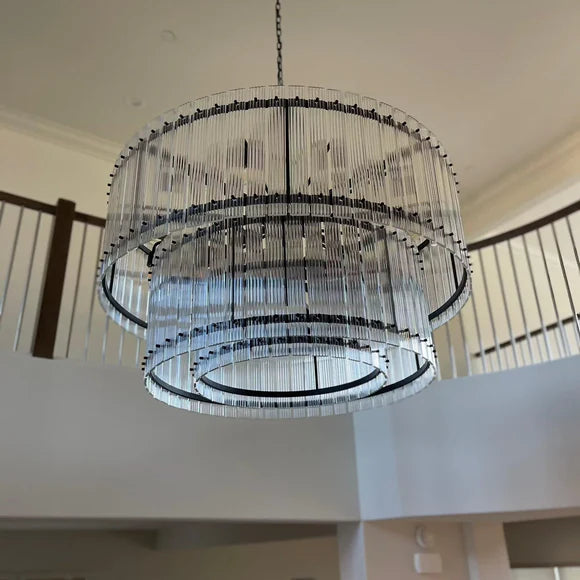 Modern 2-Tier Round Handmade Fluted Glass Panels Chandelier