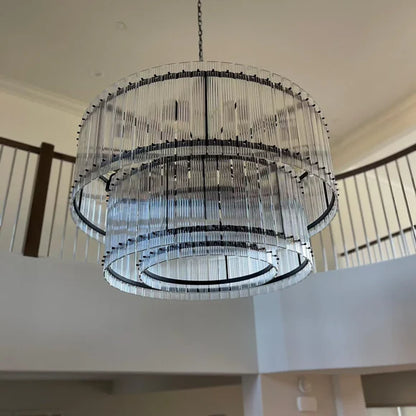 Modern 2-Tier Round Handmade Fluted Glass Panels Chandelier