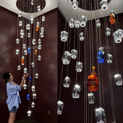 Modern Floating Clear/Blue/Amber Irregular Crystal Chandelier for High-ceiling