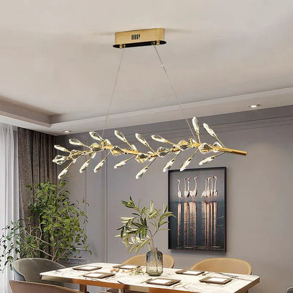Modern Linear Branch Crystal Leaves Chandelier for Dining Room/Kitchen Island