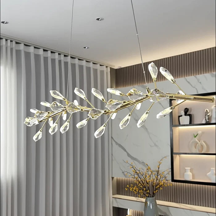 Modern Linear Branch Crystal Leaves Chandelier for Dining Room/Kitchen Island