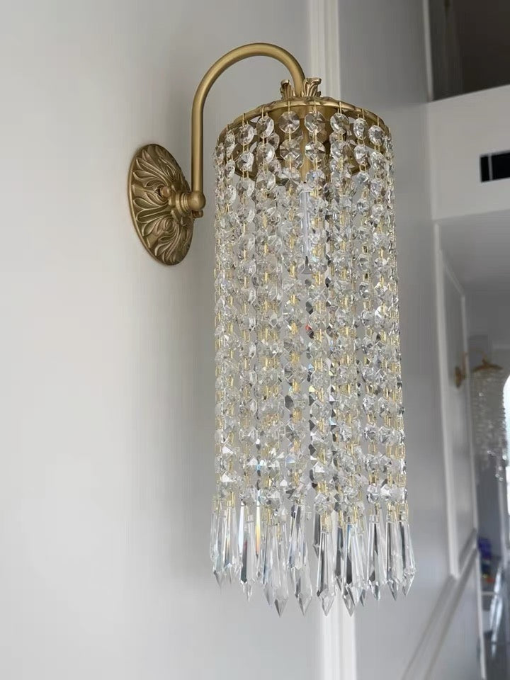 Vintage Brass Crystal Waterfall Wall Lamp