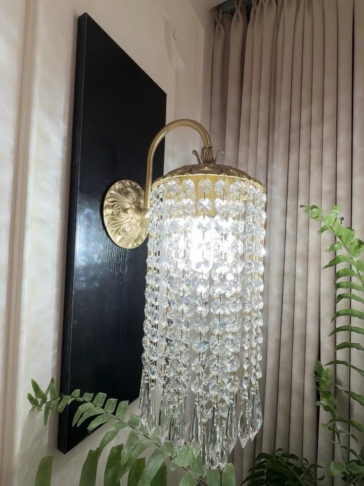 Vintage Brass Crystal Waterfall Wall Lamp