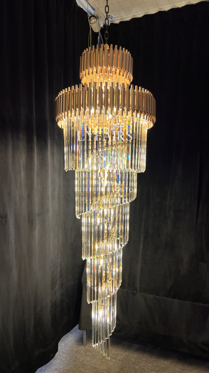 Extra Large Vertical Long Crystal Foyer Hallway Chandelier Spiral Staircase Ceiling Lighting Fixture In Black/ Gold Finish