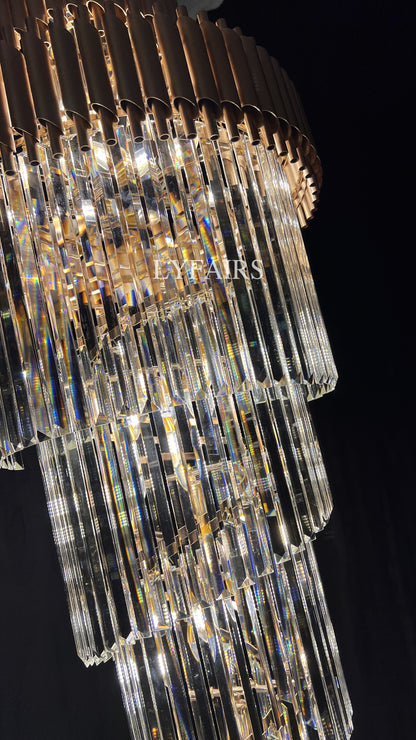 Extra Large Vertical Long Crystal Foyer Hallway Chandelier Spiral Staircase Ceiling Lighting Fixture In Black/ Gold Finish
