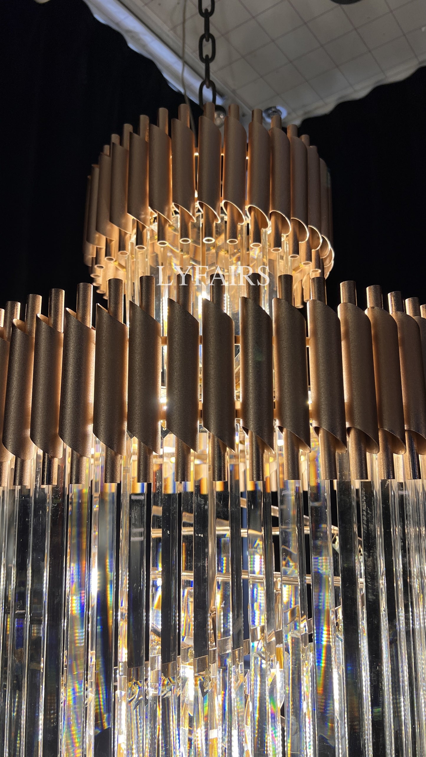 Extra Large Vertical Long Crystal Foyer Hallway Chandelier Spiral Staircase Ceiling Lighting Fixture In Black/ Gold Finish