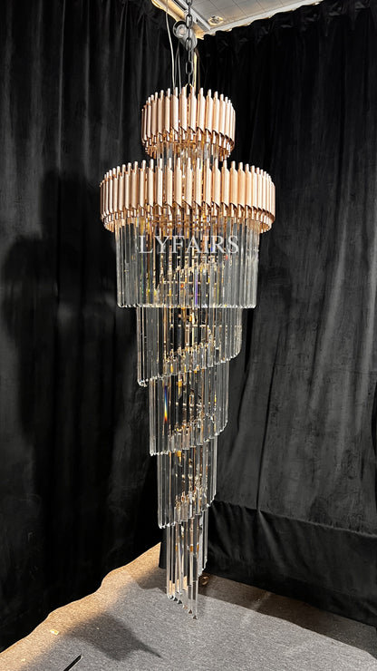 Extra Large Vertical Long Crystal Foyer Hallway Chandelier Spiral Staircase Ceiling Lighting Fixture In Black/ Gold Finish