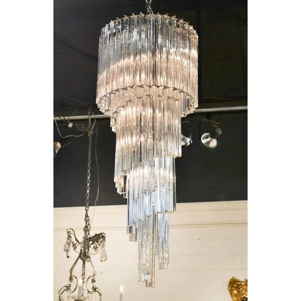 Mid-Century Modern Pink/Transparent Glass Cascading Spiral Chandelier
