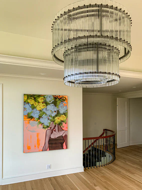 Modern 2-Tier Round Handmade Fluted Glass Panels Chandelier