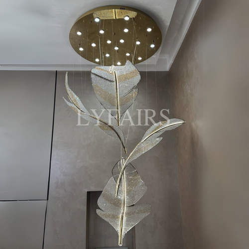 Modern Floating Crystal Leaves Chandelier for High Ceilings