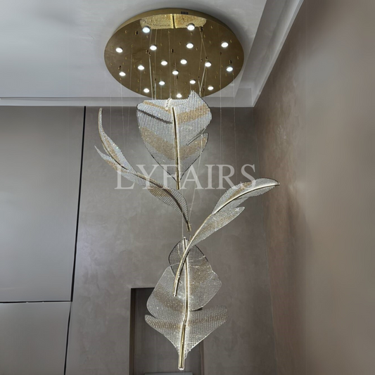 Modern Floating Crystal Leaves Chandelier for High Ceilings