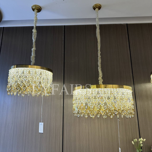 Elegant Crystal Tassel Gold Leaf Round Chandelier for Low Ceilings