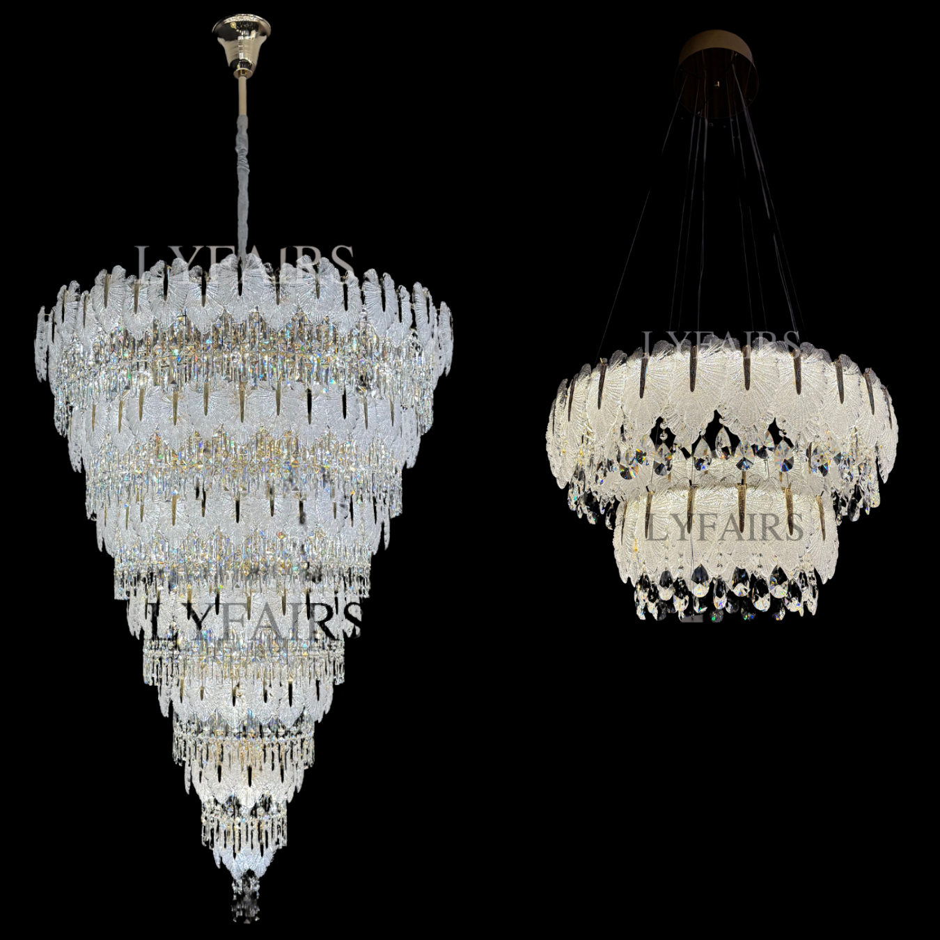 Luxurious Cascading Handcrafted Glass Leaf Multi-Tier Crystal Waterfall Chandelier