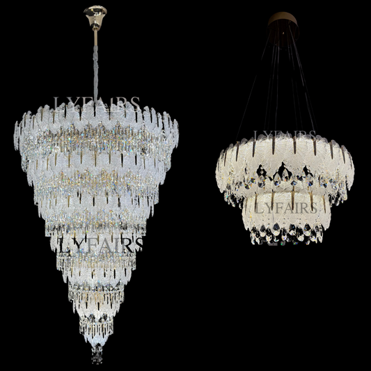 Luxurious Cascading Handcrafted Glass Leaf Multi-Tier Crystal Waterfall Chandelier