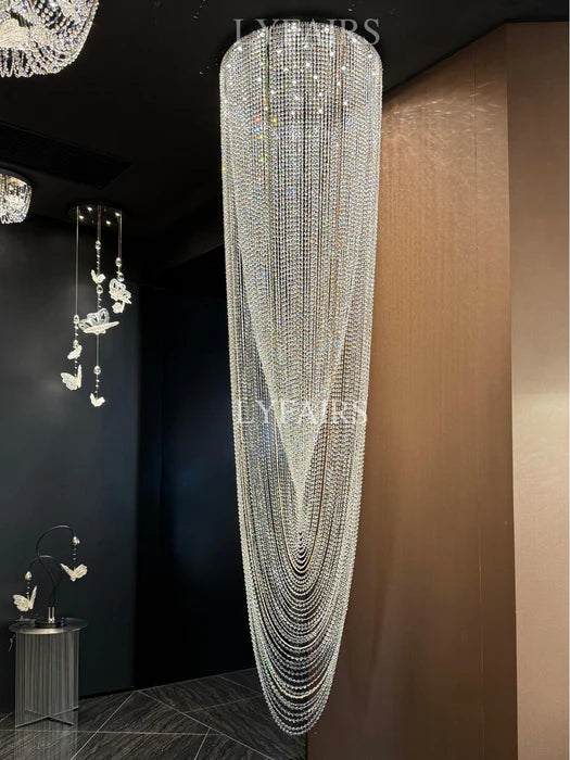 Luxury Waterfall Crystal Flush Mounted Chandelier for High Ceiling