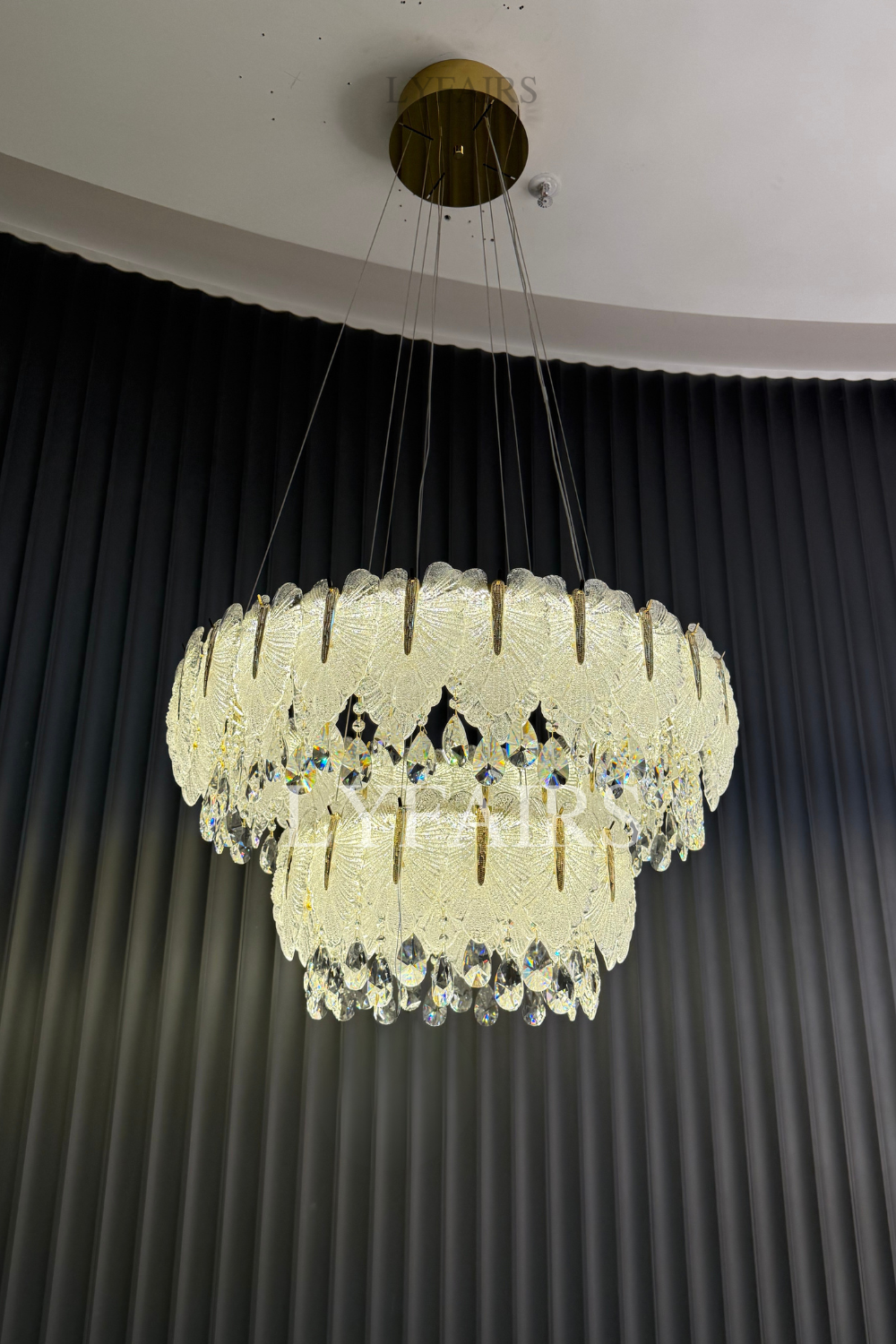 Luxurious Cascading Handcrafted Glass Leaf Multi-Tier Crystal Waterfall Chandelier
