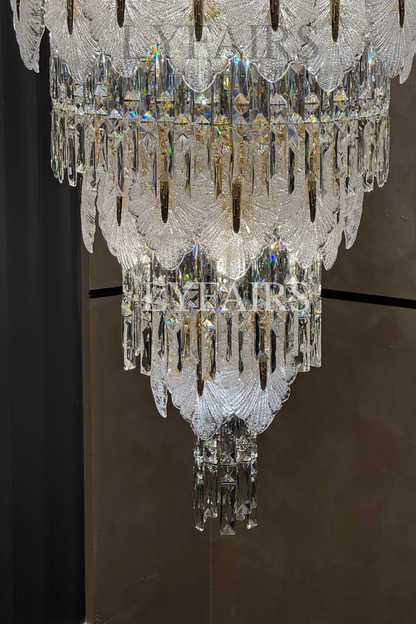 Luxurious Cascading Handcrafted Glass Leaf Multi-Tier Crystal Waterfall Chandelier