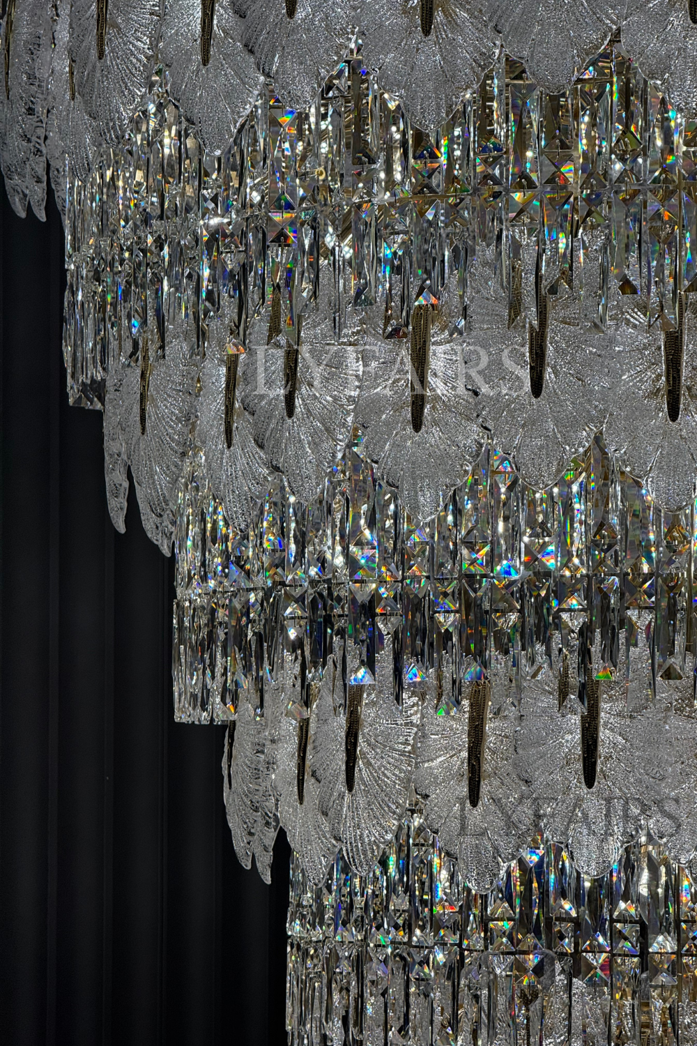 Luxurious Cascading Handcrafted Glass Leaf Multi-Tier Crystal Waterfall Chandelier
