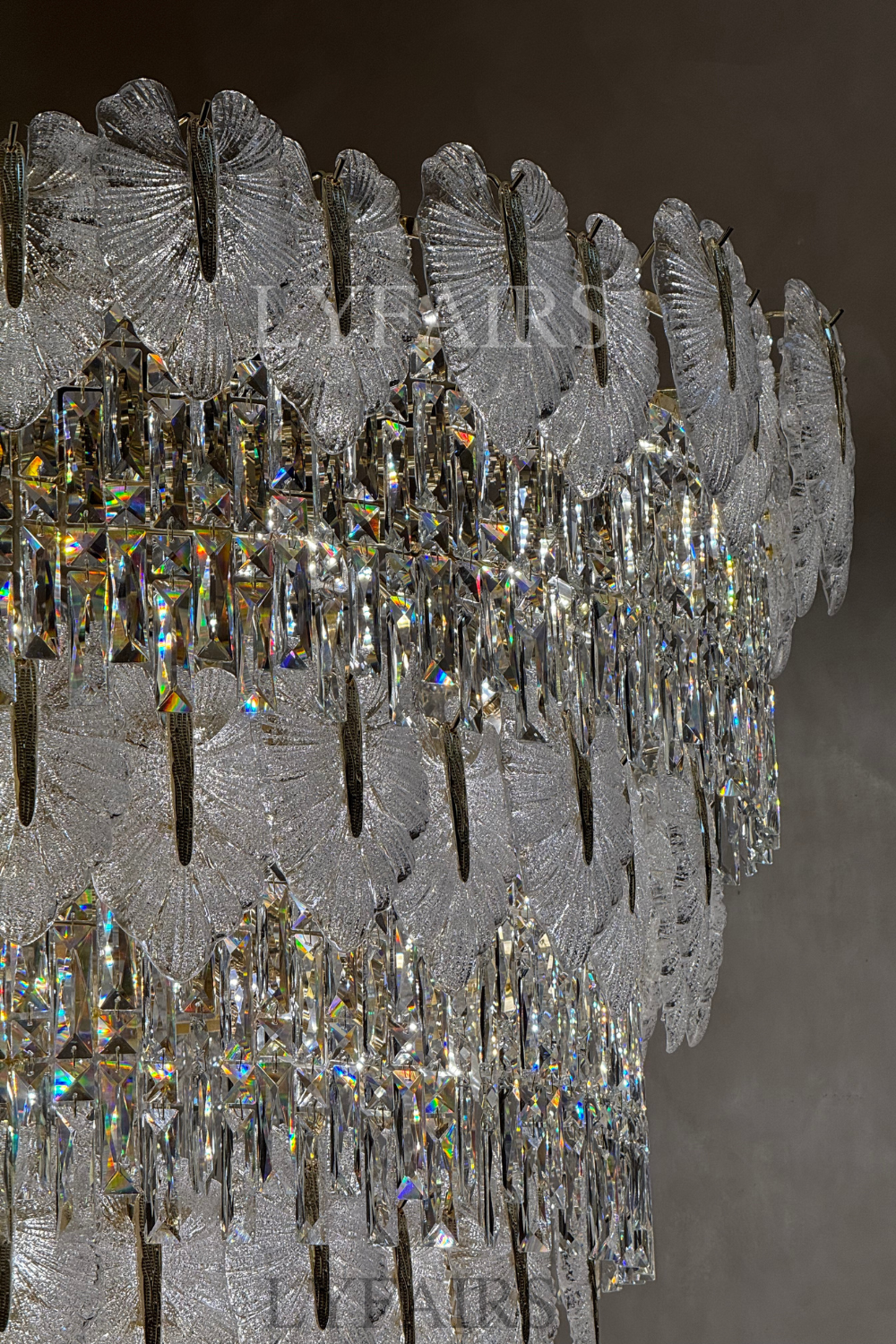 Luxurious Cascading Handcrafted Glass Leaf Multi-Tier Crystal Waterfall Chandelier