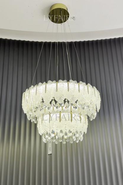 Luxurious Cascading Handcrafted Glass Leaf Multi-Tier Crystal Waterfall Chandelier