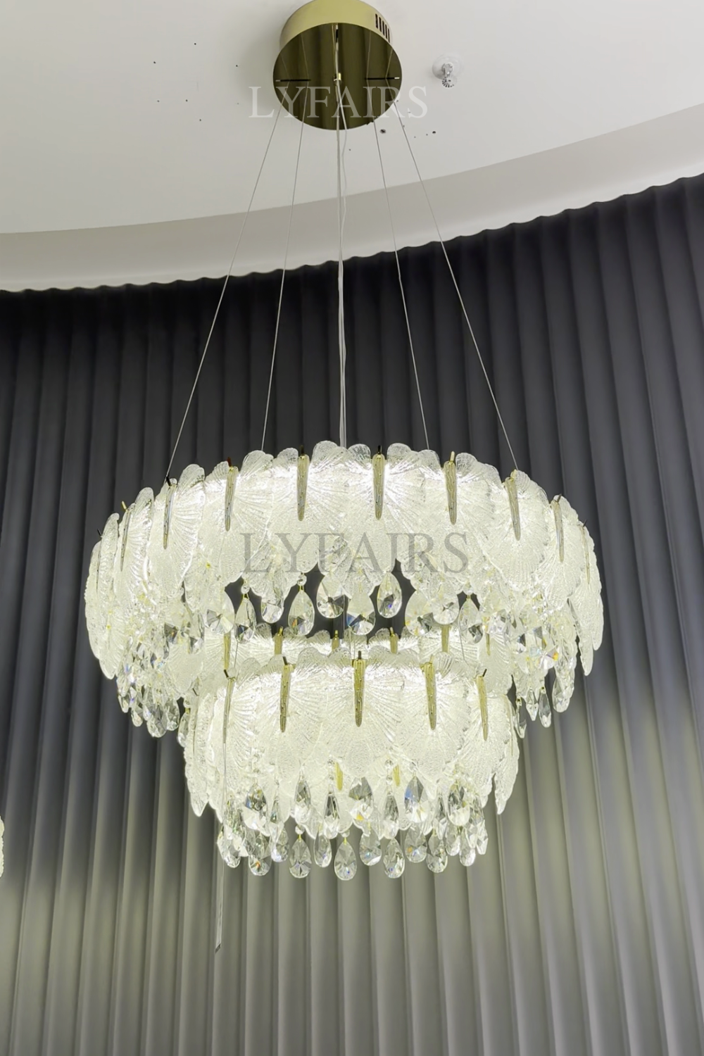 Luxurious Cascading Handcrafted Glass Leaf Multi-Tier Crystal Waterfall Chandelier