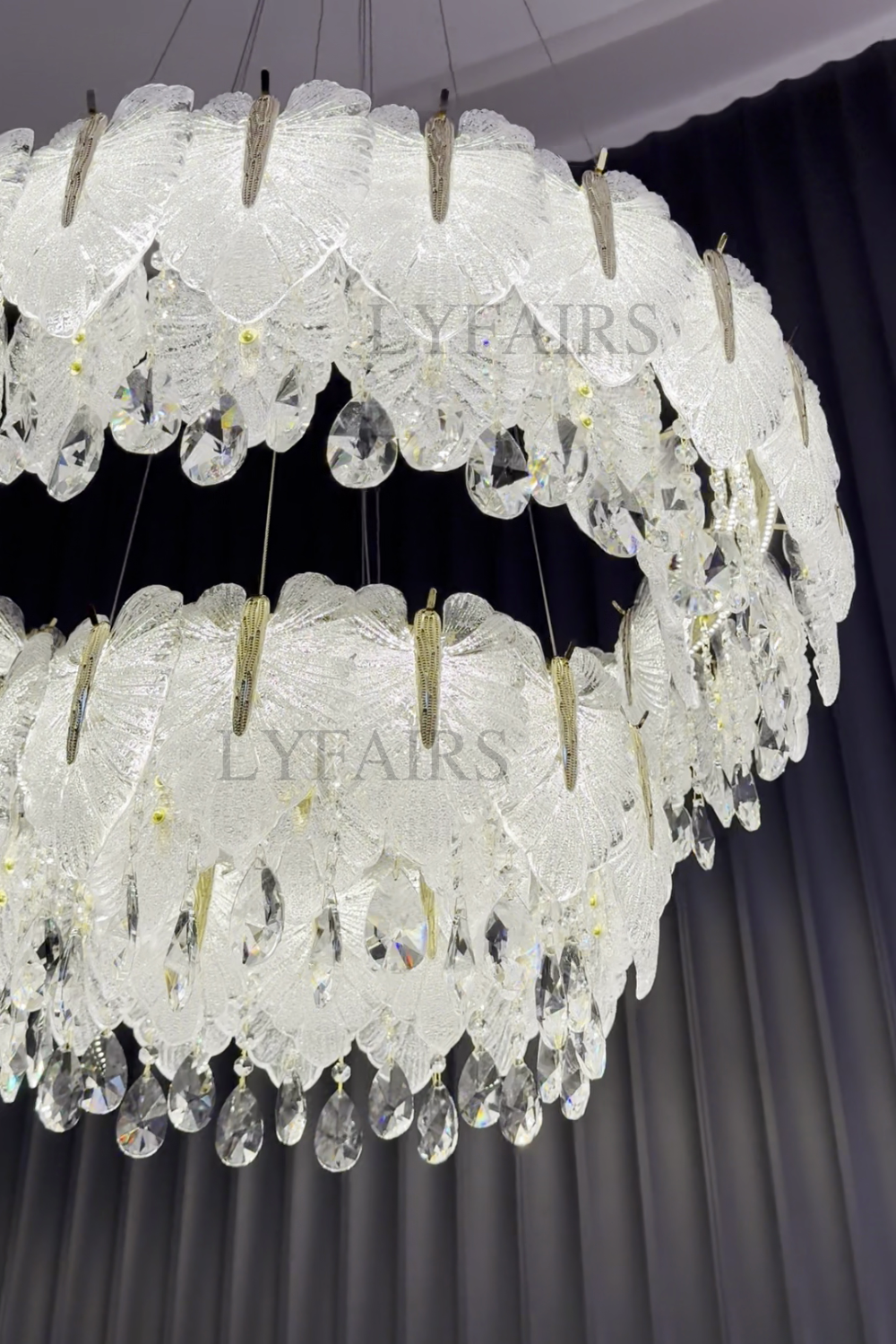Luxurious Cascading Handcrafted Glass Leaf Multi-Tier Crystal Waterfall Chandelier