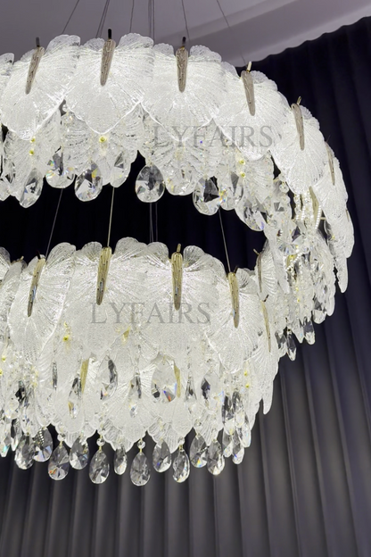 Luxurious Cascading Handcrafted Glass Leaf Multi-Tier Crystal Waterfall Chandelier