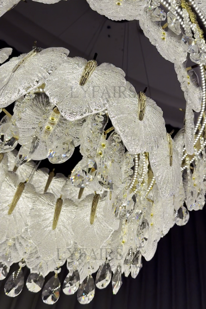 Luxurious Cascading Handcrafted Glass Leaf Multi-Tier Crystal Waterfall Chandelier