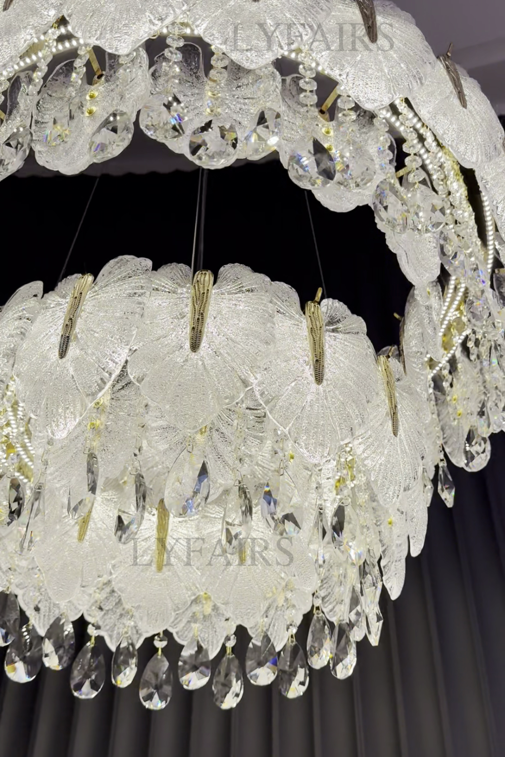 Luxurious Cascading Handcrafted Glass Leaf Multi-Tier Crystal Waterfall Chandelier