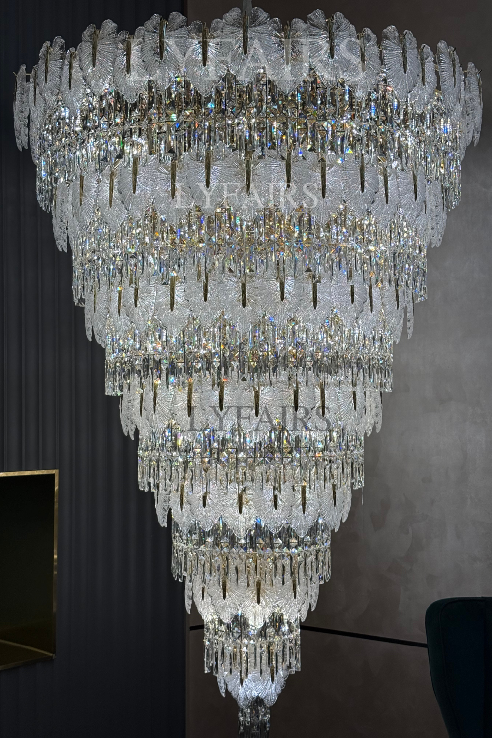 Luxurious Cascading Handcrafted Glass Leaf Multi-Tier Crystal Waterfall Chandelier
