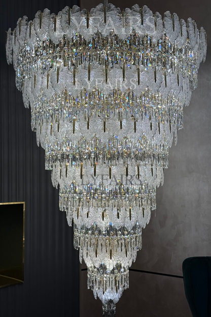 Luxurious Cascading Handcrafted Glass Leaf Multi-Tier Crystal Waterfall Chandelier